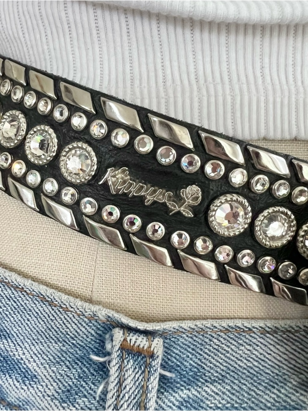 Kippy’s Rhinestone Studded Western Belt Big Buckle Black Leather Silver Accents - Picture 3 of 7
